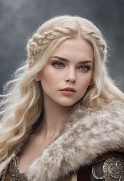 beautiful woman, viking warrior, fur cloak, armor, blonde hair, wavy hair, (closeup, portrait shot), (solo), realistic, depth of field