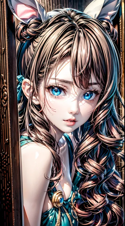 (Best quality,16k wallpaper,high resolution:1.2),Red to silver hair, wavy and long hair, Shiny hair color, Perfectly detailed face, full pouty lips, watery big eyes, Vertical pupils, reflective light, Woman with rabbit ears, Black and white shirt, Lazily l...