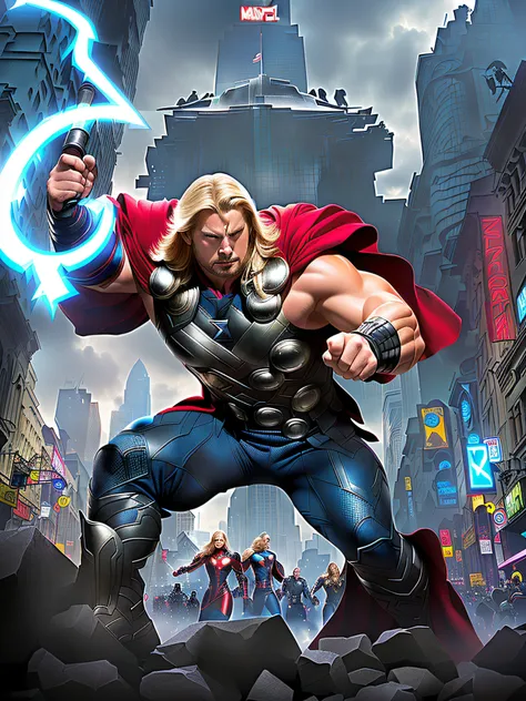 avengers the avengers are coming to town in the city, the god of thunder, thor, god of thunder, ross tran 8 k, 8k comic art, asgardian, artgerm greg rutkowski _ greg, marvel art, full art, artgerm 4 k, mjolnir, marvel concept art, black thor, wojtek fus