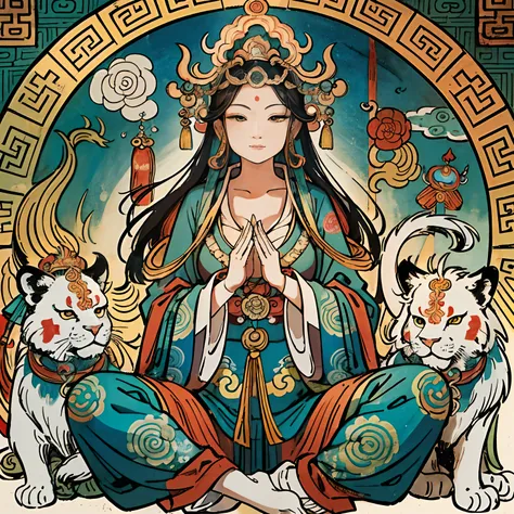 an ancient Chinese goddess, guanyin of the southern seas, Guanyin, Inspired by India, Avalokiteshvara rides a lion，,Serene expression,shui mo hua,Buddha,Buddhist,Lotus,Chinese painting style,Thangka style