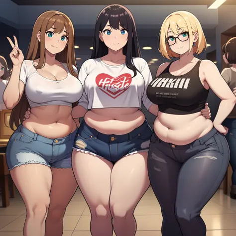 ((highres)), Masterpiece, high quality, best quality, beautiful, perfect lighting, detailed face, ultra cute face, (((3girls))), one girl has blonde hair, blue eyes, crop top and shorts skindentation, one girl has brown hair, green eyes, jeans, white shirt...