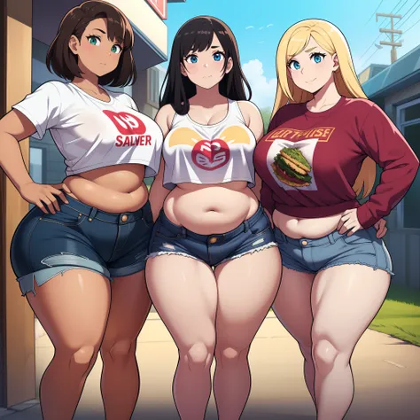 ((highres)), Masterpiece, high quality, best quality, beautiful, perfect lighting, detailed face, ultra cute face, (((3girls))), one girl has blonde hair, blue eyes, crop top and shorts skindentation, one girl has brown hair, green eyes, jeans, white shirt...