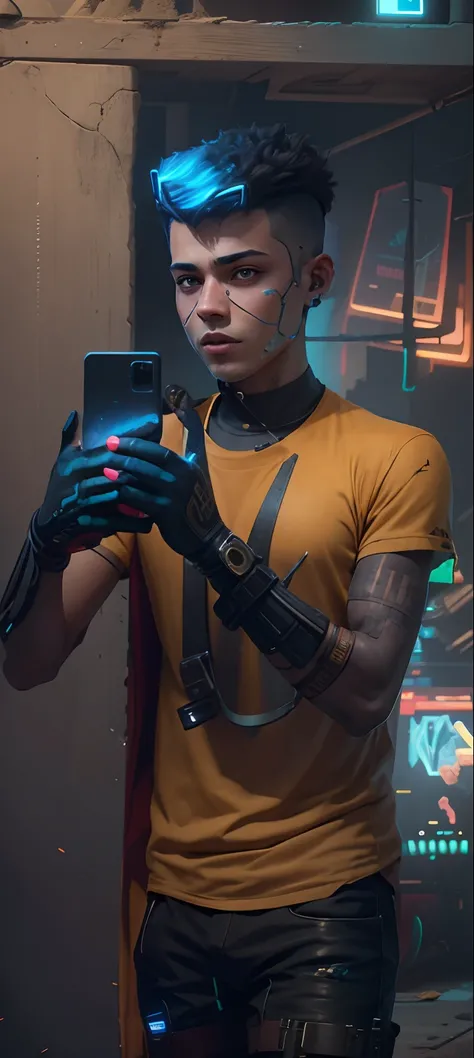 Cyberpunk, Wheatish boy, with mobile, 8k ultra realistic face high quality