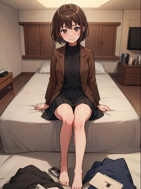 hiquality, tmasterpiece (One adult girl). short brown hair. smile on face. brown eye. The clothes: brown jacket over black sweater. blackskirt. bare feet. In the background of the room