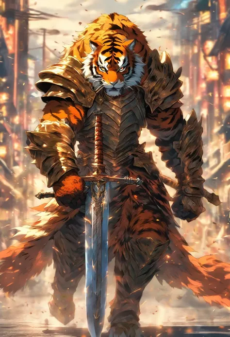 Tiger knight wearing battle armor carrying a sword, on the road