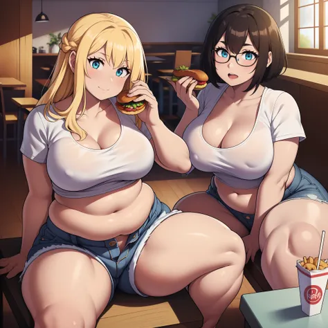 ((highres)), Masterpiece, high quality, best quality, beautiful, perfect lighting, detailed face, ultra cute face, ((2girls)), one girl has blonde hair, blue eyes, crop top and shorts skindentation, one girl has brown hair, green eyes, jeans, white shirt, ...