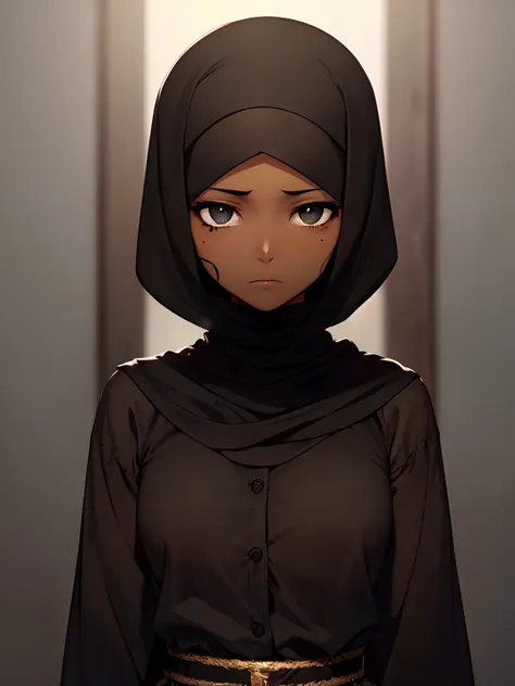 1 girl, (dark brown skin tone:1.4), very short hair, black eyes colour, mole down the right eye, (black Muslim clothes:1.1), Cold expression, blank eyes, mature, dominant aura, (manga:1.2)