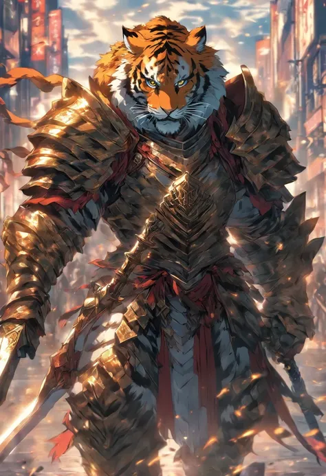 Tiger knight wearing battle armor carrying a sword, on the road, stand