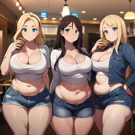 ((highres)), Masterpiece, high quality, best quality, beautiful, perfect lighting, detailed face, ultra cute face, ((2girls)), one girl has blonde hair, blue eyes, crop top and shorts skindentation, one girl has brown hair, green eyes, jeans, white shirt, ...