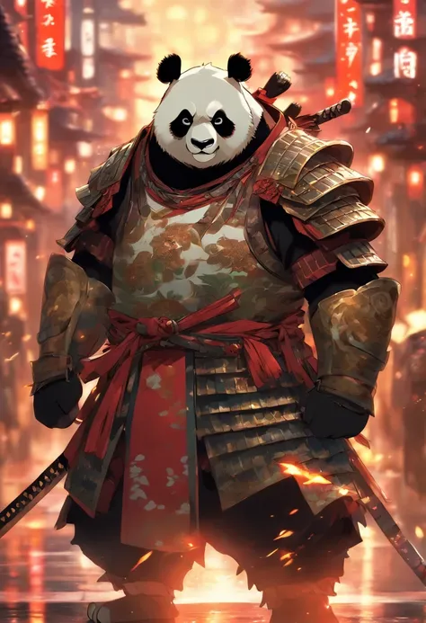 Panda wearing samurai armor, standing, on the road, stunning style