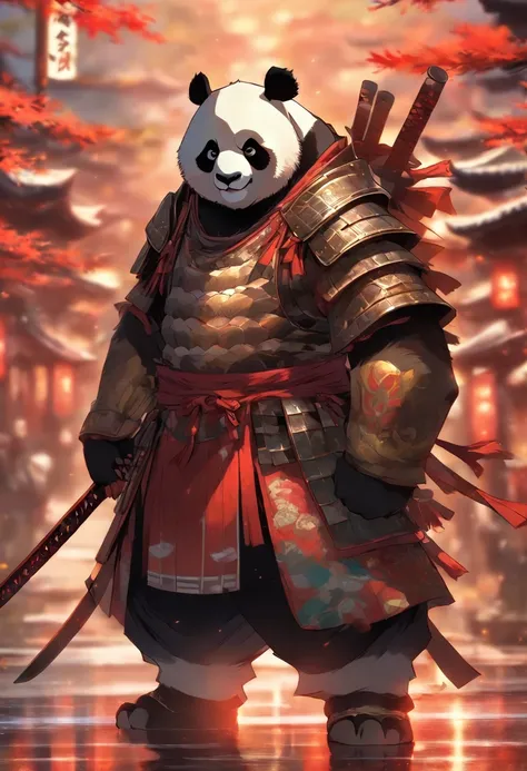 Panda wearing samurai armor, standing, on the road, stunning style