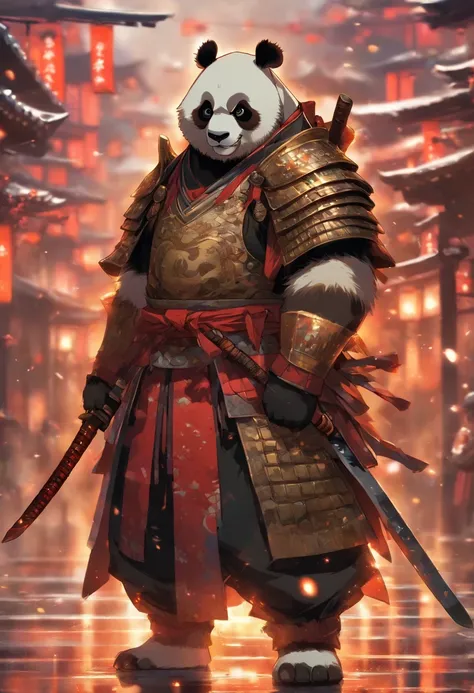 Panda wearing samurai armor, standing, on the road, stunning style