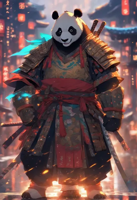 Panda wearing samurai armor, standing, on the road, stunning style