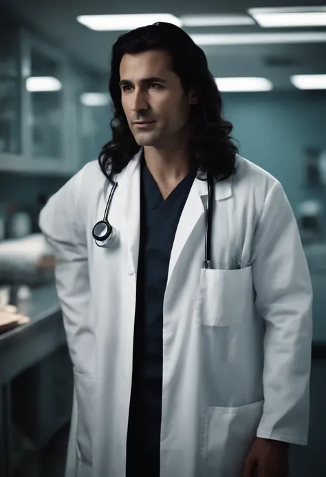 Man, surgeon, Genetic research, long black hair, lab coat, dark brown hair