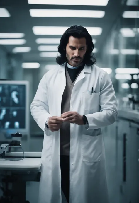 Man, surgeon, Genetic research, long black hair, lab coat, dark brown hair