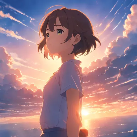 masterpiece, best quality, movie still, 1girl, cloud girl, floating in the sky, close-up, bright, happy, warm soft lighting, sunset, (sparks:0.7)