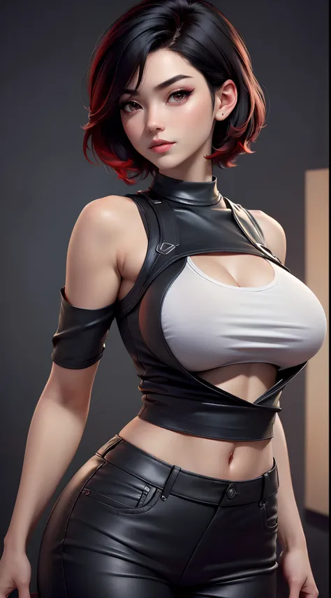 ((Best quality)), ((masterpiece)), (detailed: 1.4), beautiful woman, Asian, short black sleeveless t-shirt, black lag pants, short black hair with red locks, ink, (solo), realistic,((masterpiece)), (best quality), (detailed), (1 girl), big breasts, sexy, t...