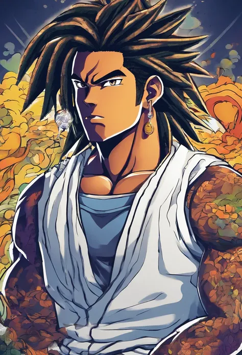 homem adolescente de pele escura, Handsome, cabelo dreadlock preto grosso, olhos castanhos, delgado, forte, estilo arte dragon ball