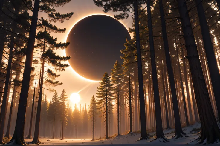 a solar eclipse over a forest