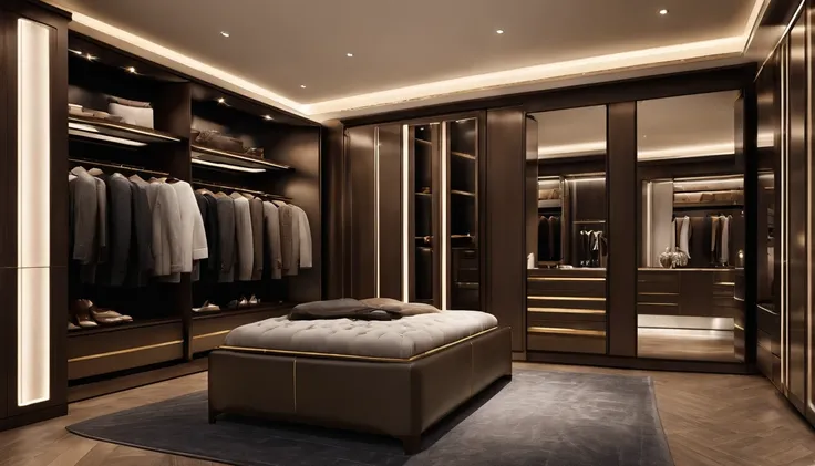 Walk-in closet view，With bench and mirror,The color of the wardrobe door panel is dark brown elegant wardrobe, elegant futuristic wardrobe, luxury item showcase, luxurious environment, luxury hd render, gold and luxury materials, luxury fashion, Luxury mat...