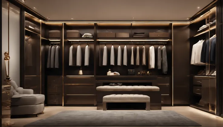 Walk-in closet view，With bench and mirror,The color of the wardrobe door panel is dark brown elegant wardrobe, elegant futuristic wardrobe, luxury item showcase, luxurious environment, luxury hd render, gold and luxury materials, luxury fashion, Luxury mat...