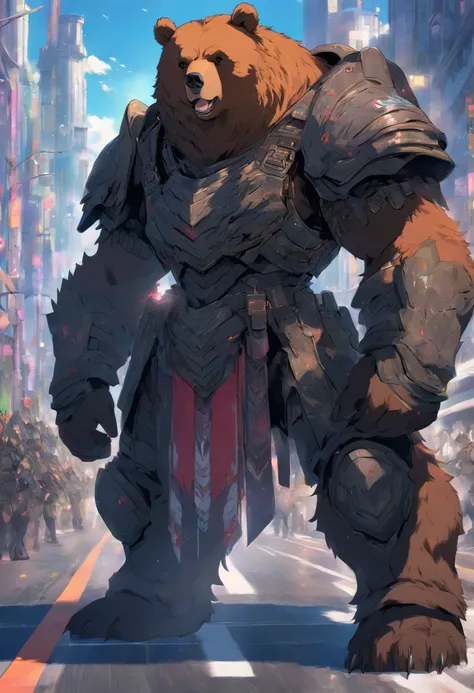 Bear wears combat armor, standing, on the road, stunning style