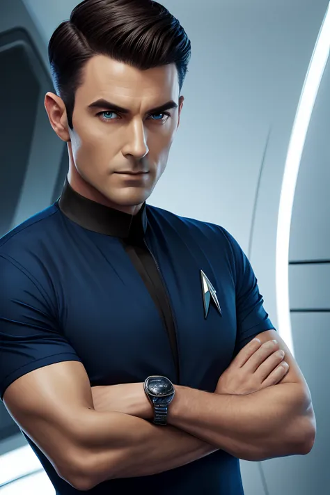 Close-up of a man in a suit with a short haircut, dressed in a blue shirt and a black t-shirt with a turtle neckline, Eva Ryder, Star-Trek, Character portrait, dau-al-set, Detailed, award winning, ultra realistis