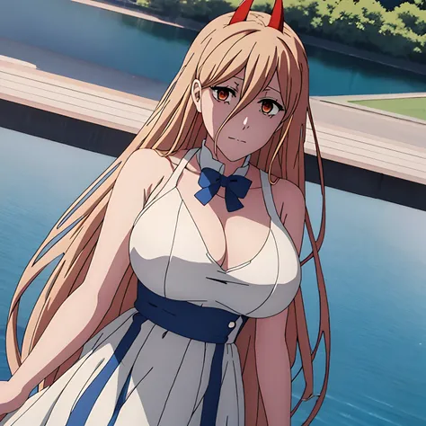 anime woman in white dress standing in front of a lake, anime goddess, hestia, seductive anime girl, official art, marin kitagawa fanart, oppai, beautiful alluring anime woman, albedo from the anime overlord, anime moe artstyle, kantai collection style, op...