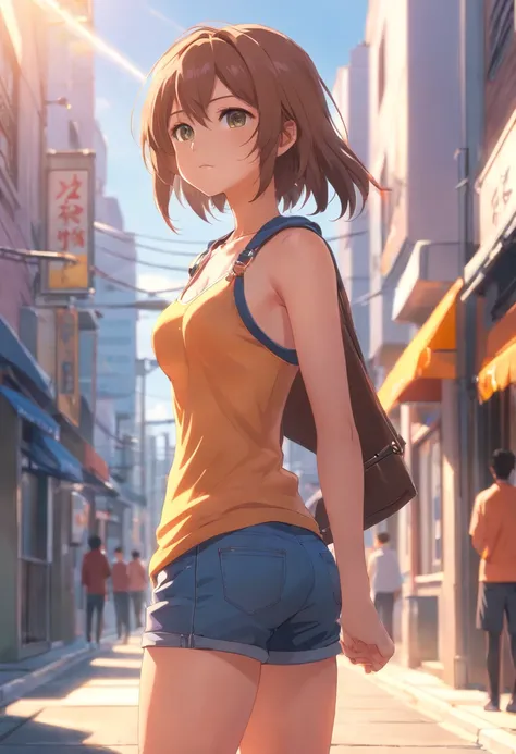 ((medium breast, tomboy girl, small head)), daylight, sunlight, (chiseled abs : 1.1), (perfect body : 1.1), (long straight hair : 1.2), collar, chain, full body shot, crowded street, wearing tight tanktop, jeans jacket, ((shorts)), (extremely detailed CG 8...