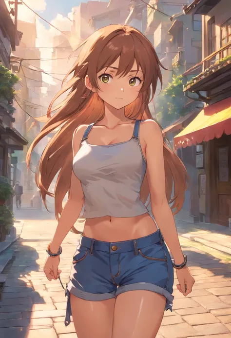 ((medium breast, tomboy girl, small head)), daylight, sunlight, (chiseled abs : 1.1), (perfect body : 1.1), (long straight hair : 1.2), collar, chain, full body shot, crowded street, wearing tight tanktop, jeans jacket, ((shorts)), (extremely detailed CG 8...