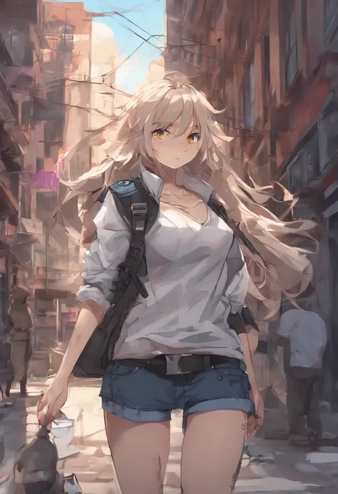 ((medium breast, tomboy girl, small head)), daylight, sunlight, (chiseled abs : 1.1), (perfect body : 1.1), (long straight hair : 1.2), collar, chain, full body shot, crowded street, wearing tight tanktop, jeans jacket, ((shorts)), (extremely detailed CG 8...