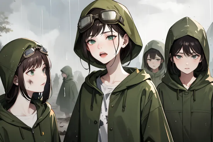 masterpiece, best quality, a group of girls, procession, (closeup face), 18yo teen, slim, small breast, side view, walk, scared, tired, dirty face, green raincoat, goggles on head, (backpacks),  heavy rain, downpour, wasteland, ruins, grey, desolate, rain,...