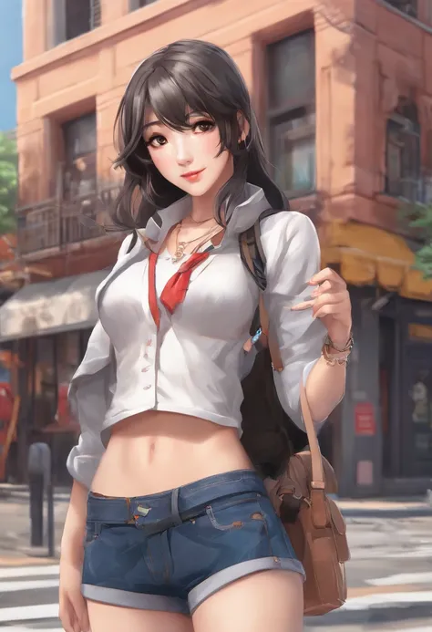 ((medium breast, tomboy girl, small head)), daylight, sunlight, (chiseled abs : 1.1), (perfect body : 1.1), (long straight hair : 1.2), collar, chain, full body shot, crowded street, wearing tight tanktop, jeans jacket, ((shorts)), (extremely detailed CG 8...