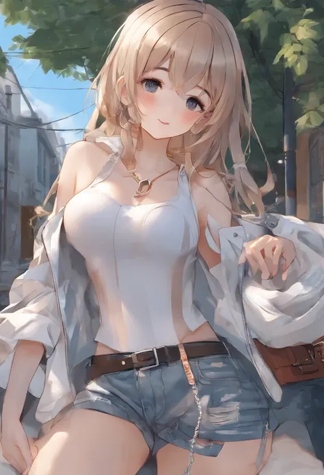 ((medium breast, tomboy girl, small head)), daylight, sunlight, (chiseled abs : 1.1), (perfect body : 1.1), (long straight hair : 1.2), collar, chain, full body shot, crowded street, wearing tight tanktop, jeans jacket, ((shorts)), (extremely detailed CG 8...