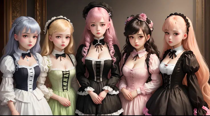 Several dolls of different colors are posed in a row, several dolls in one photo, perfect android girl family, ball jointed doll, plastic doll, artdoll, victorian gothic lolita fashion, dollpunk, fairy core, dreamlike realism, perfect android girl family, ...