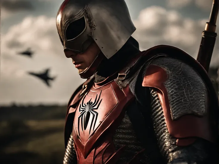 A Spiderman wearing bleeding medieval soldier looks into the distance to see a burning medieval city being attacked by fighter jets, no colour custome, no colour armor, long sword and shield on hands,  spiderman wearing full medieval armor, full steel medi...