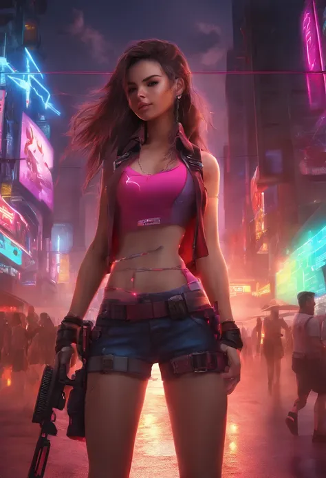 ((medium breast, tomboy girl, small head)), daylight, sunlight, (chiseled abs : 1.1), (perfect body : 1.1), (long straight hair : 1.2), collar, chain, full body shot, crowded street, wearing tight tanktop, jeans jacket, ((shorts)), (extremely detailed CG 8...