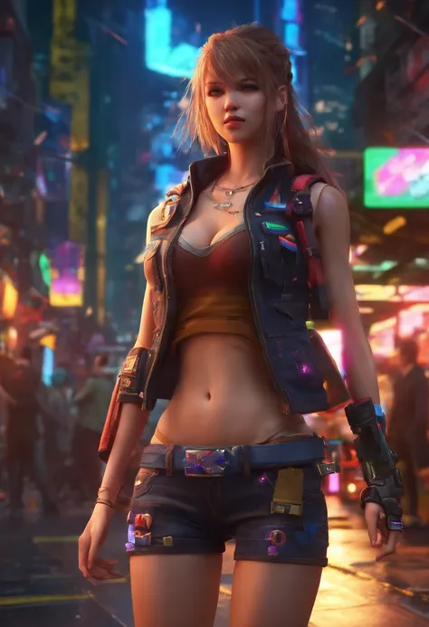 ((medium breast, tomboy girl, small head)), daylight, sunlight, (chiseled abs : 1.1), (perfect body : 1.1), (long straight hair : 1.2), collar, chain, full body shot, crowded street, wearing tight tanktop, jeans jacket, ((shorts)), (extremely detailed CG 8...