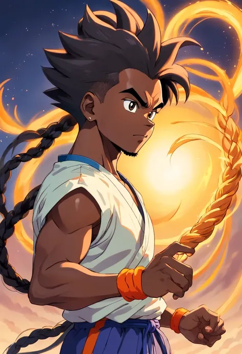 Black man with braid, short braid, shaved braid, social style of Capoeira with wolf characteristics, estilo da arte dragon ball