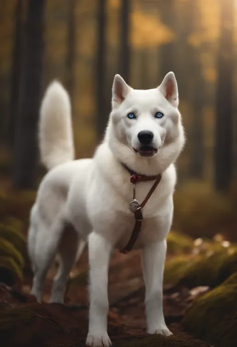 Make a 3-year-old child riding an all-white Siberian husky in the forest.