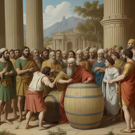 The camera shows an agitated crowd around Alexander the Great while Diogenes is seen sitting on a barrel.