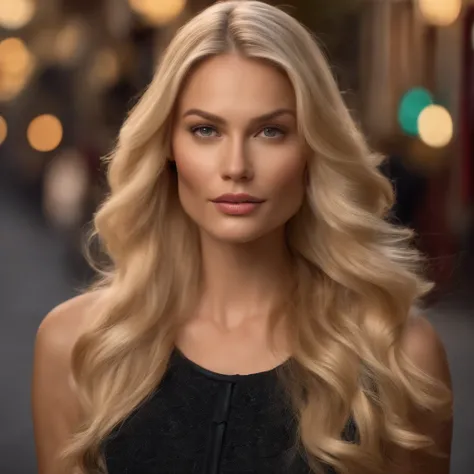 Generate a photorealistic photo of a blonde adorable woman in her 30s with long hair, a beautiful skin where the pores can be seen and modern designer clothing made of lacquer and leather from Dolce and Gabbana