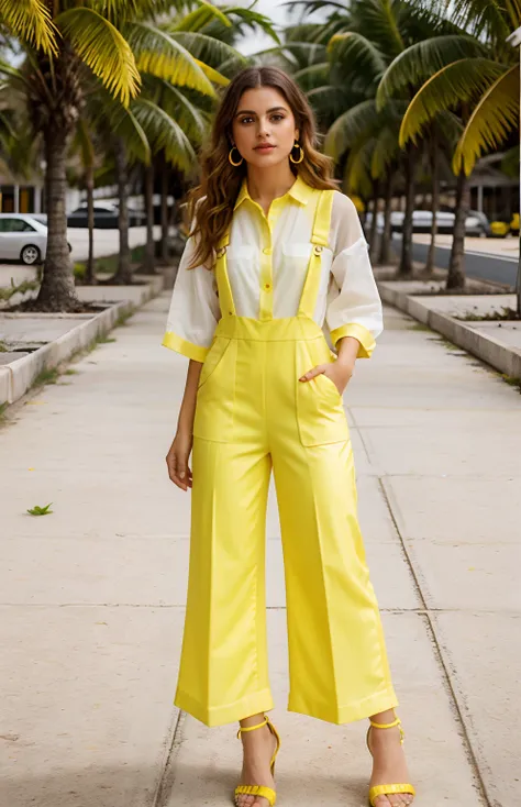 Uma mulher branca, cabelo longo na cintura,morena, in yellow overalls holding a bag and looking down, amarelo geral, estilo brilhante, ricas cores ensolaradas brilhantes, bright trouser suit for a rave, Roupas amarelas, com panos amarelos, cores brilhantes...