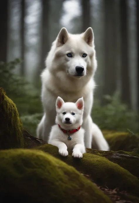 A white child on top of a white Siberian husky in a forest.