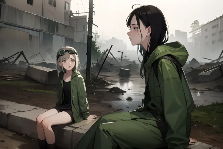 masterpiece, best quality, 2girls, (closeup), 18yo teen, slim, small breast, side view, sitting on stone, sad, tired, dirty face, green raincoat, goggles on head, (backpacks), heavy rain, downpour, wasteland, industrial ruins, grey, desolate, rain, dark, w...