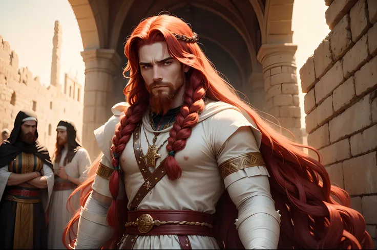 Make a picture of a biblical character named Samson, a man with long hair and braids, red hair, forte, vestido com um manto palestino, serious face, suor escorrendo pelo rosto, guerreiro antigo, homem bonito, beautiful face, Show 8k, imagem realista 8k,