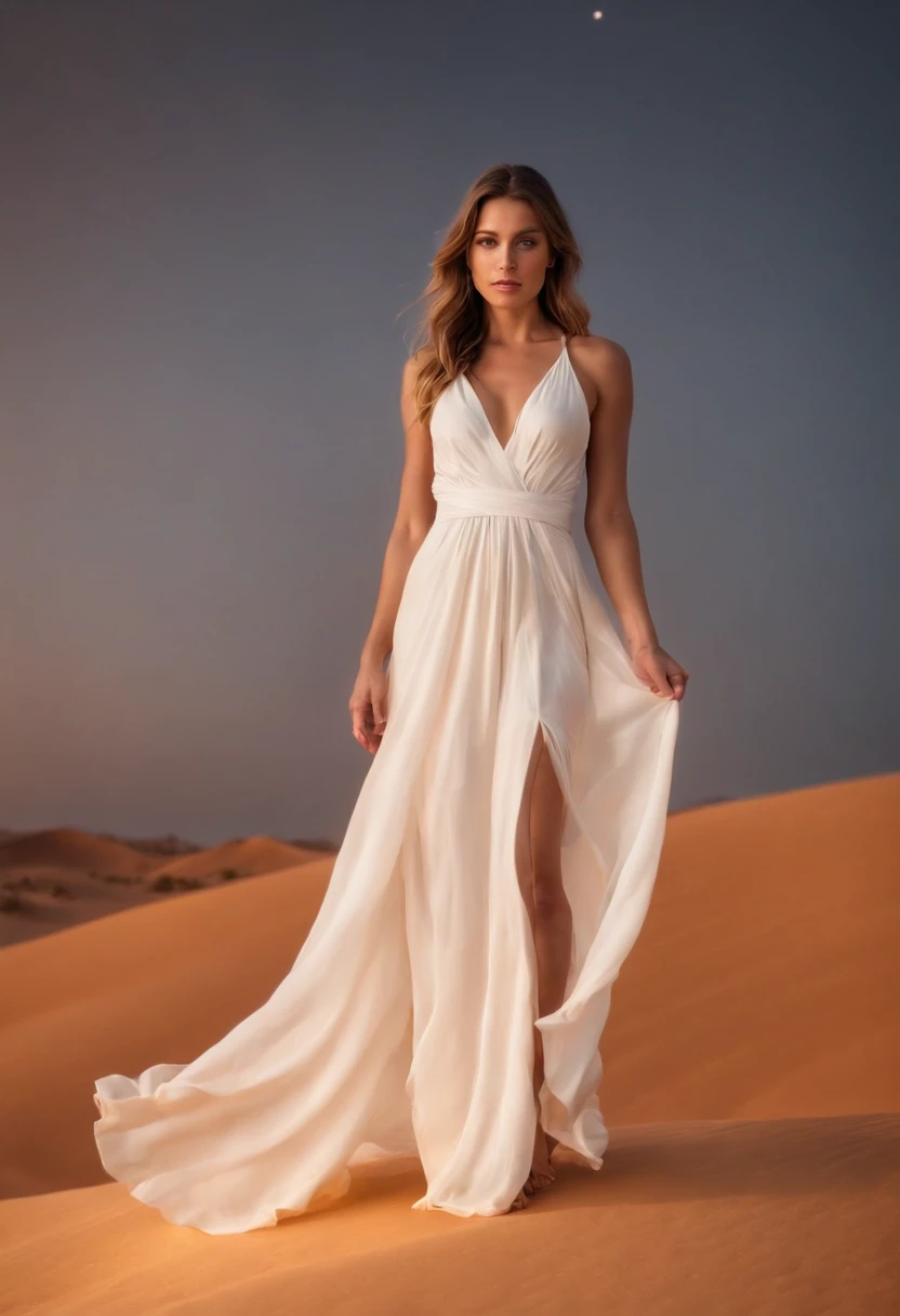 A women in a white tight silk dress standing on a sand dune in the middle of a vast desert, light painting halo in the background, lightpainting, amazing lighting effect, light art, beautiful lighting effects, light paint, diffuse lightpainting, anamorphic...