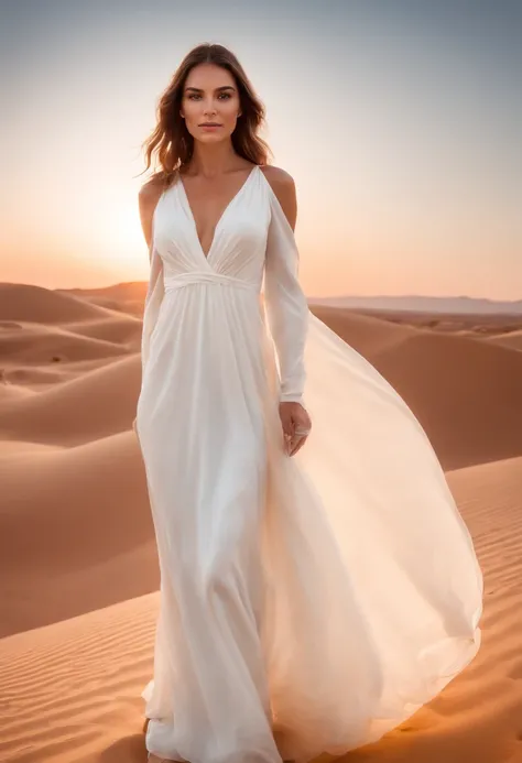 A women in a white tight silk dress standing on a sand dune in the middle of a vast desert, light painting halo in the background, lightpainting, amazing lighting effect, light art, beautiful lighting effects, light paint, diffuse lightpainting, anamorphic...