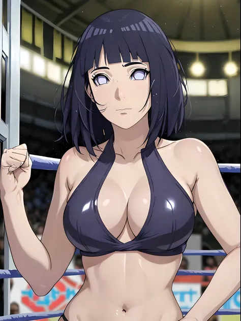 (ultra detailed body, ultra detailed face), ((solo)), anime style, hires, ((pro wrestling arena, pro wrestling match, crowd watching)), (hinata(boruto), (female wrestler), (slender body, broad shouders), mature woman, milf, (black bikini, ultra detailed pr...