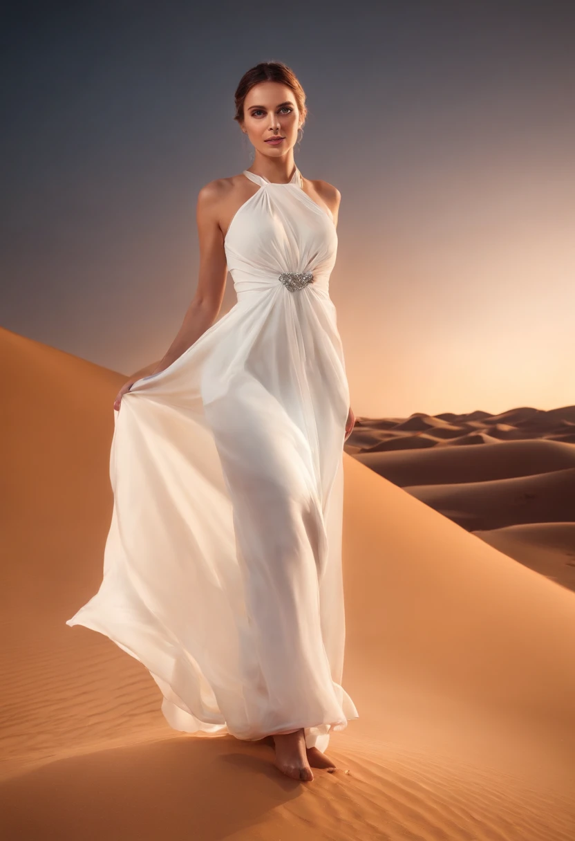 A women in a white tight silk dress standing on a sand dune in the middle of a vast desert, light painting halo in the background, lightpainting, amazing lighting effect, light art, beautiful lighting effects, light paint, diffuse lightpainting, anamorphic...